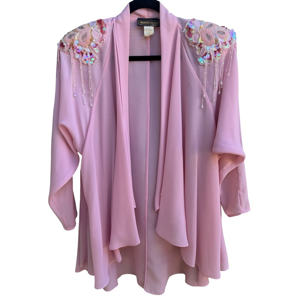 Taurus Nites Vintage 80s Coquette Regency Beaded Sequin Fringe Chiffon Cardigan